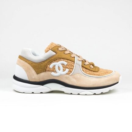 CHANEL CC LOGO TWEED SUEDE BEIGE REFLECTIVE SNEAKER