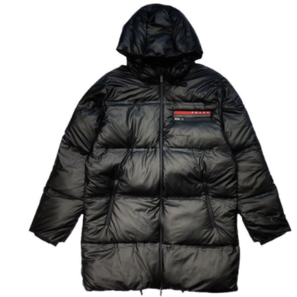 PRADA LONG JACKET BLACK RED LOGO